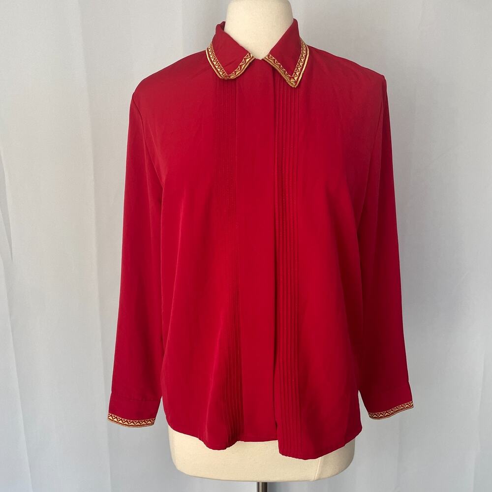 Vintage Top Blouse Size Petite Medium PM Red Solid Gold Embroidered Long Sleeve
